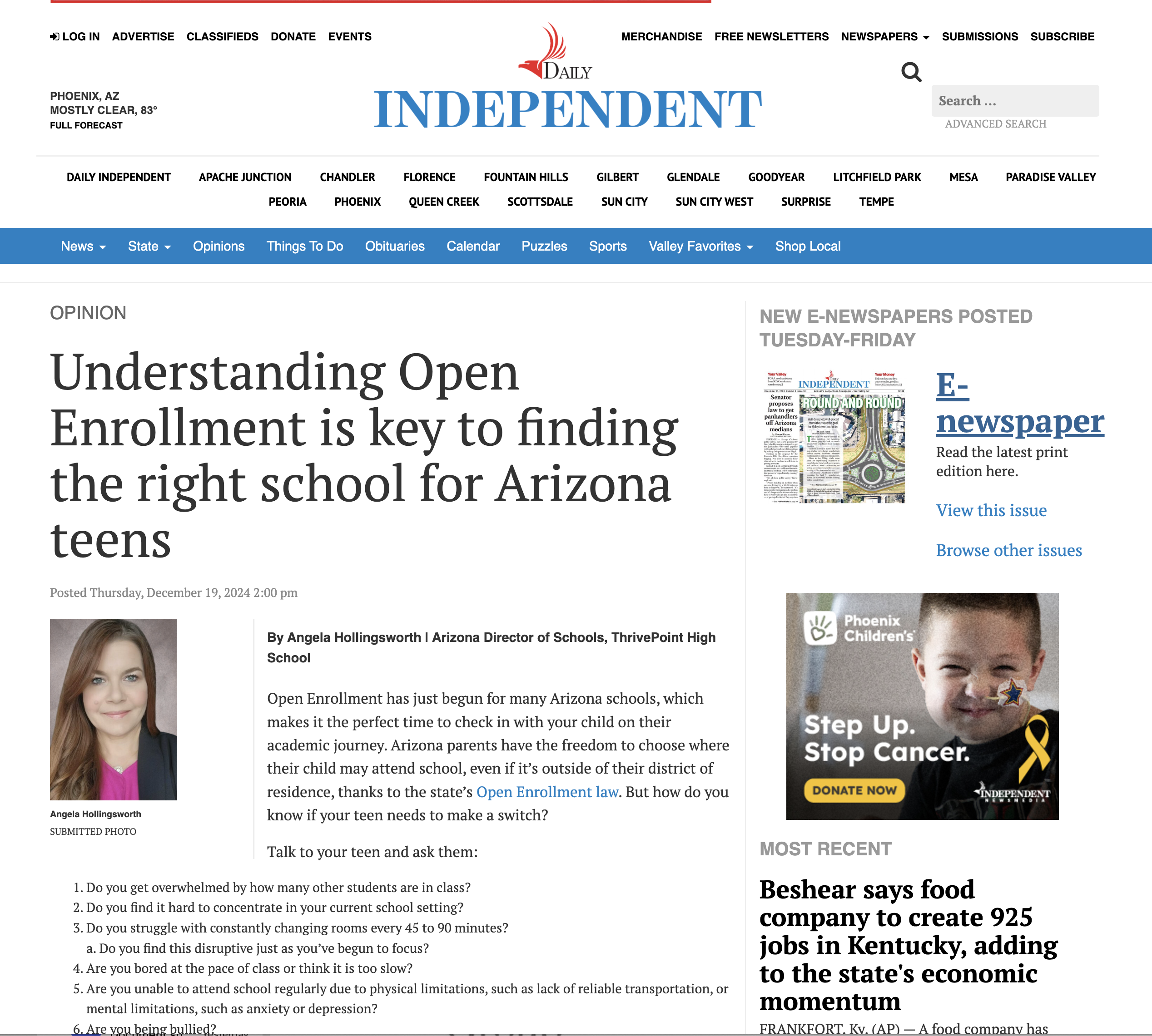 Article in the Daily Independent, a local newspaper in Phoenix AZ talks about teens having problem in school and a solution